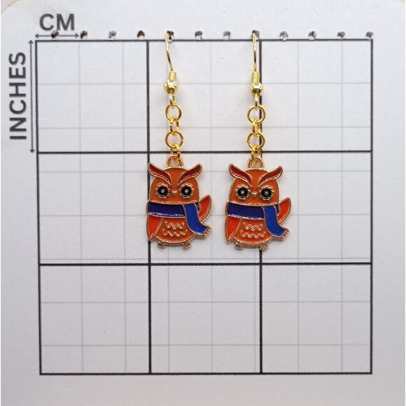 Brown Owl Earrings with Blue Scarf – Fall Autumn Dangle Jewelry - Picture 3 of 4
